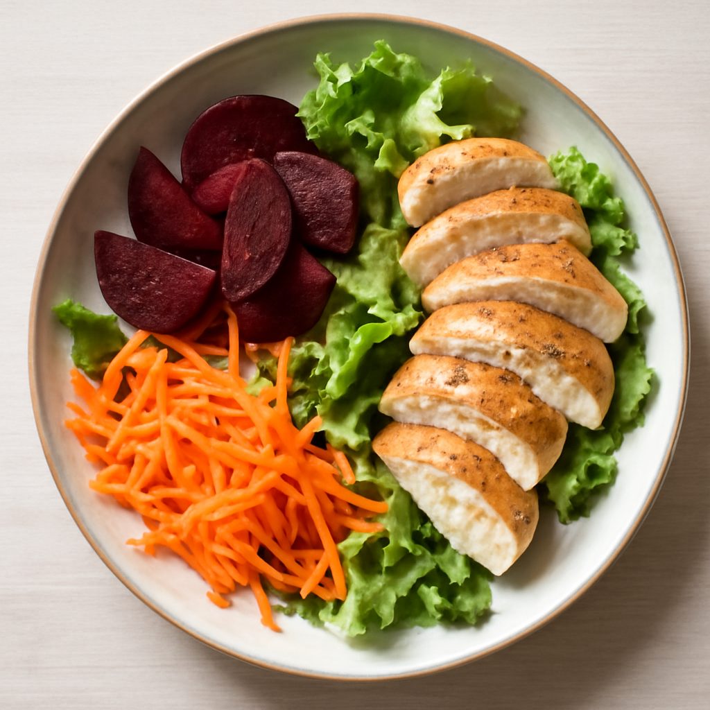 Insalata di barbabietole, lattuga e carote fit proteica low-carb