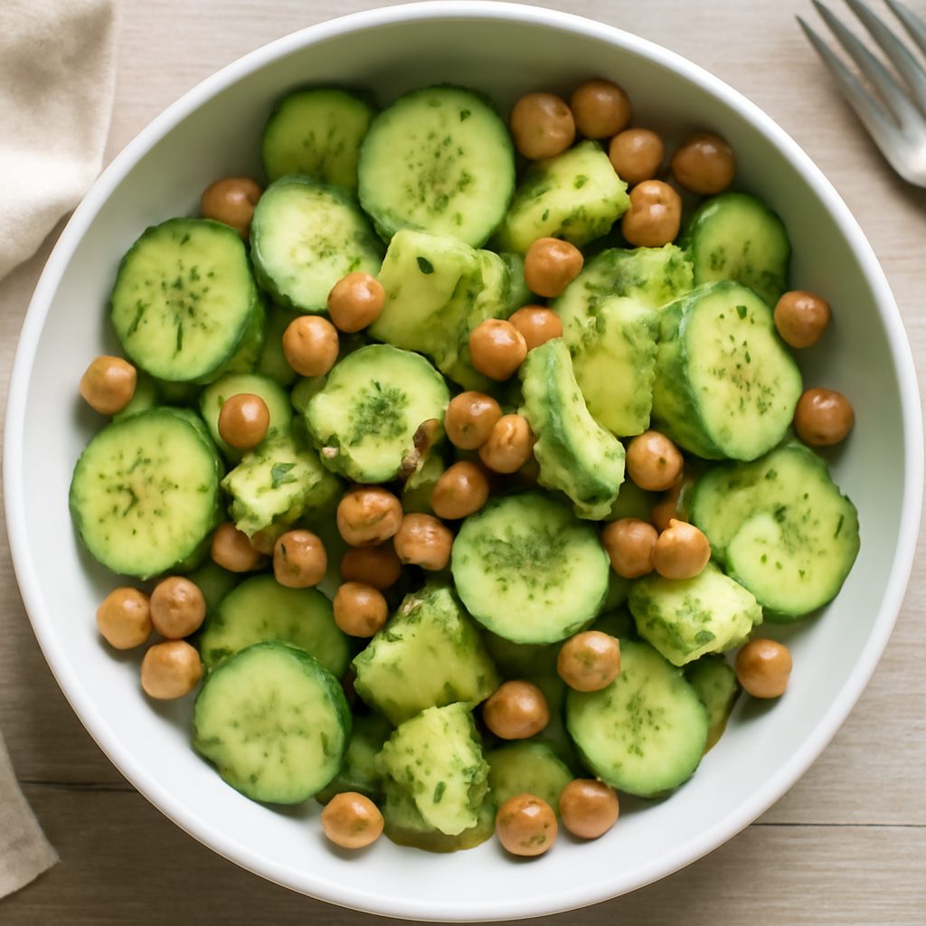 Insalata di cetrioli, avocado e ceci croccanti proteica low-carb