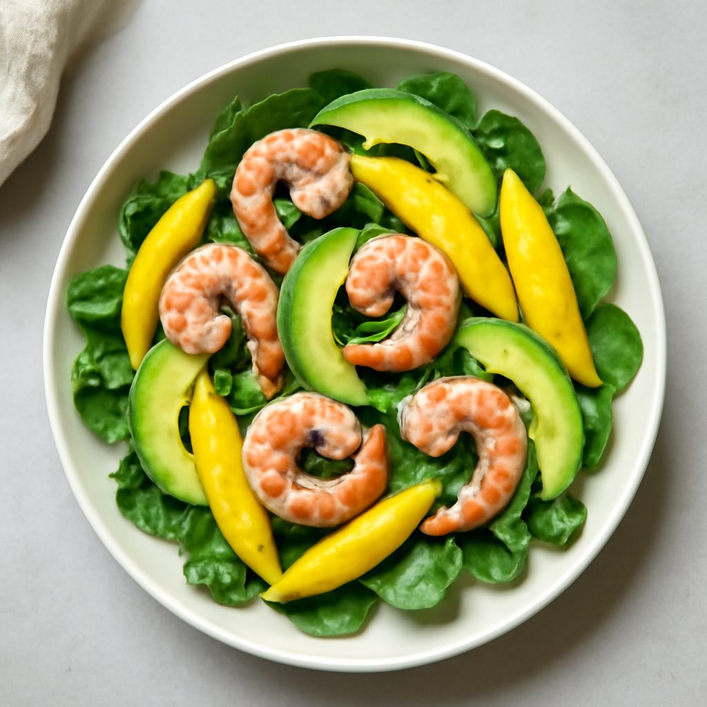 Insalata di gamberi, avocado e mango proteica low-carb