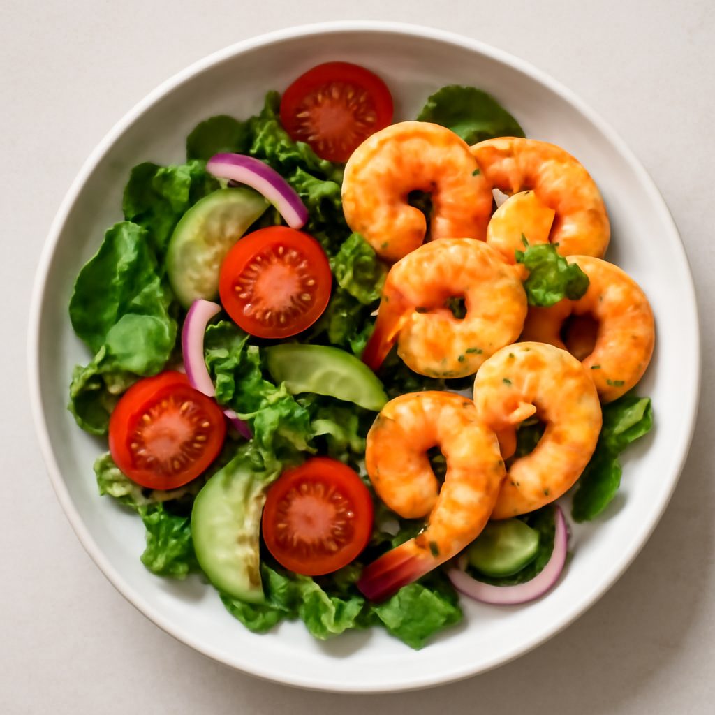 Insalata di gamberi proteica low-carb con verdure croccanti