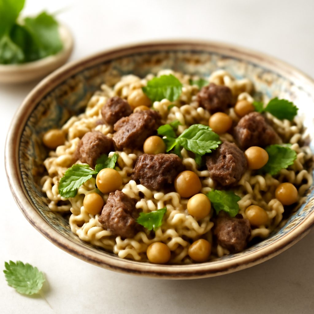 Insalata di pasta orientale con agnello e ceci light