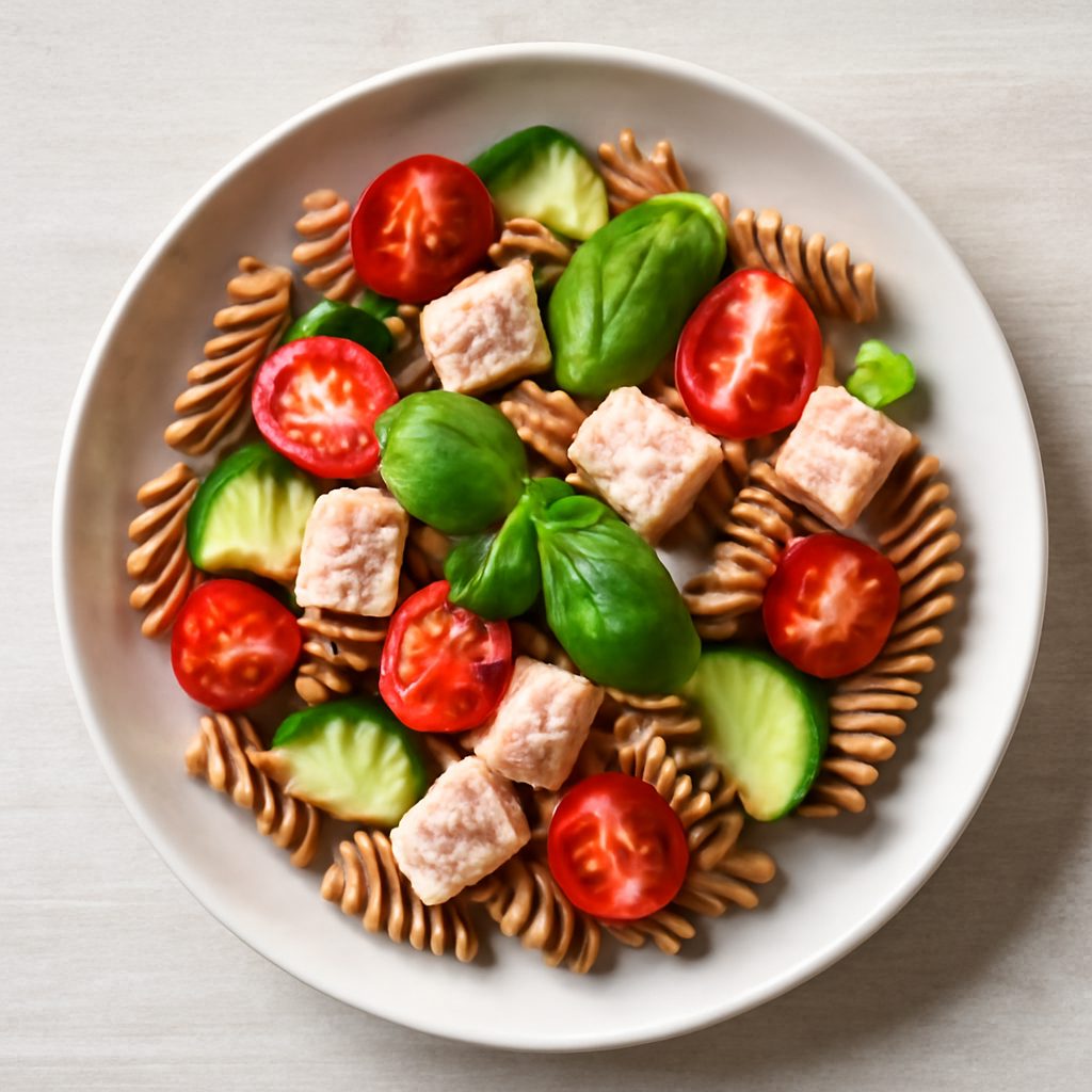 Insalata di pasta proteica low-carb con pomodori e spinaci