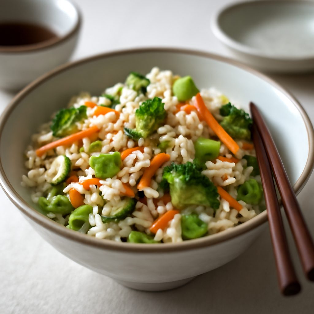 Insalata di riso asiatica light con pollo e verdure vapore