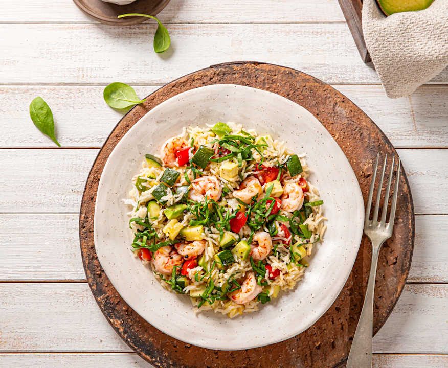 Insalata di riso con gamberi, zucchine e avocado Protein