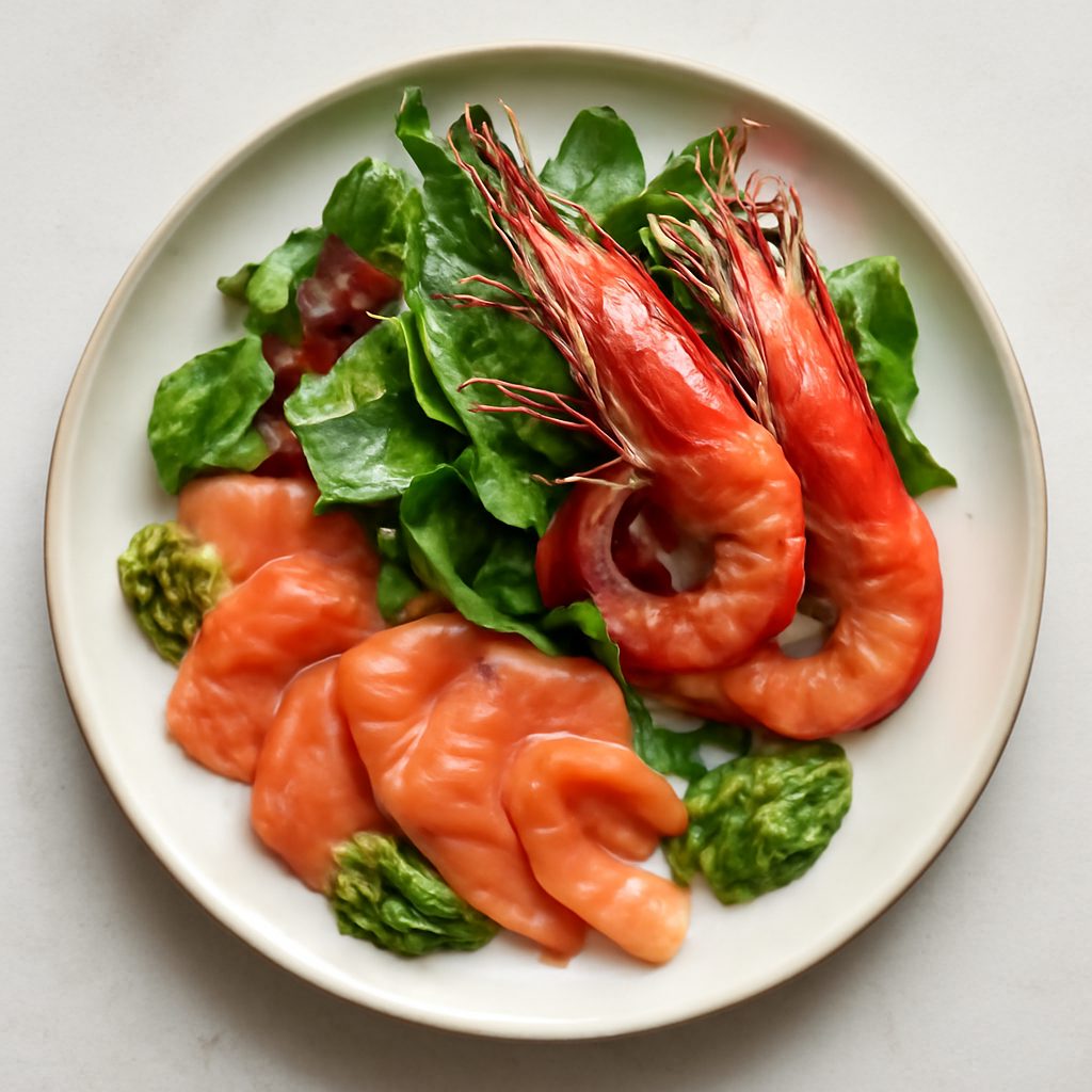 Insalata di salmone e gamberi rossi con pesto di basilico proteico low-carb