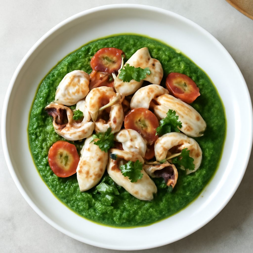 Insalata di seppioline con salsa di spinaci proteica low-carb