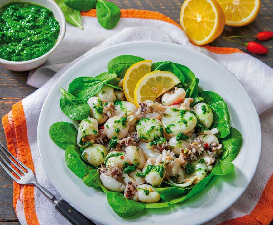Insalata di seppioline con salsa di spinaci Protein