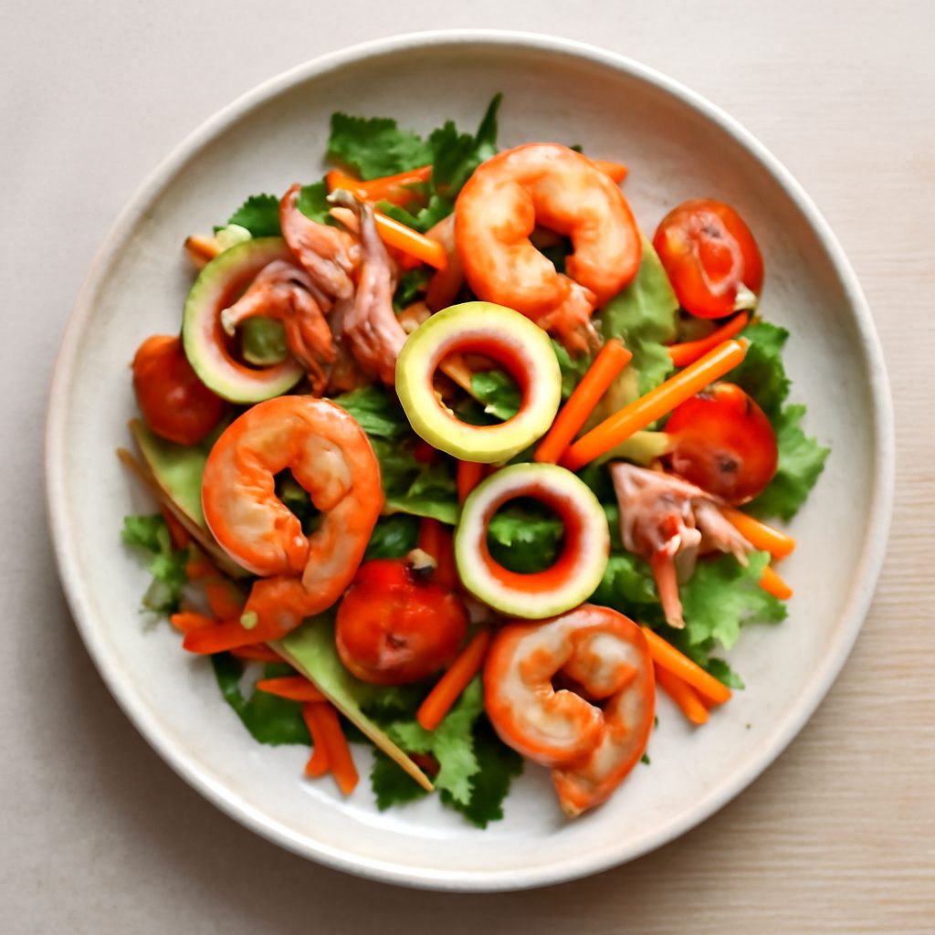 Insalata di totani, gamberi e verdurine croccanti - Versione