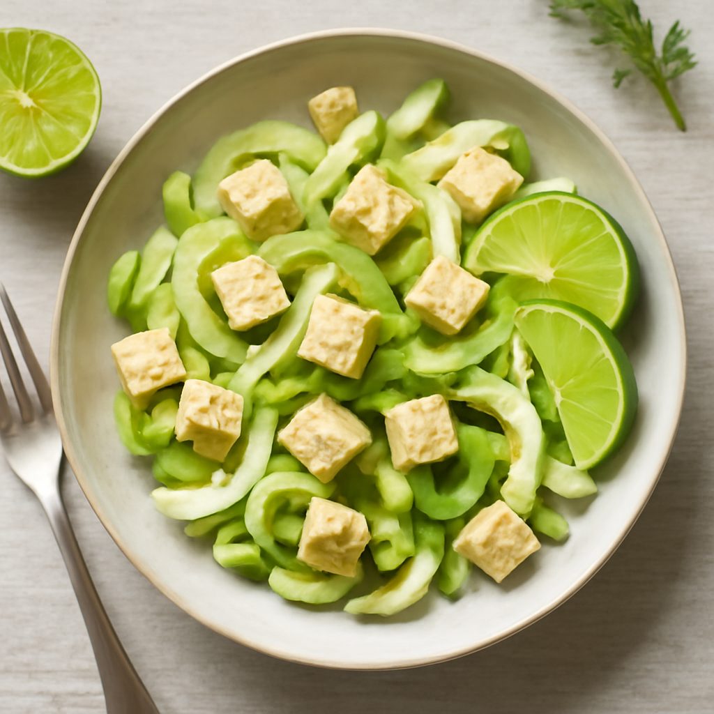 Insalata finocchi e sedano con lime, pepe rosa e tofu