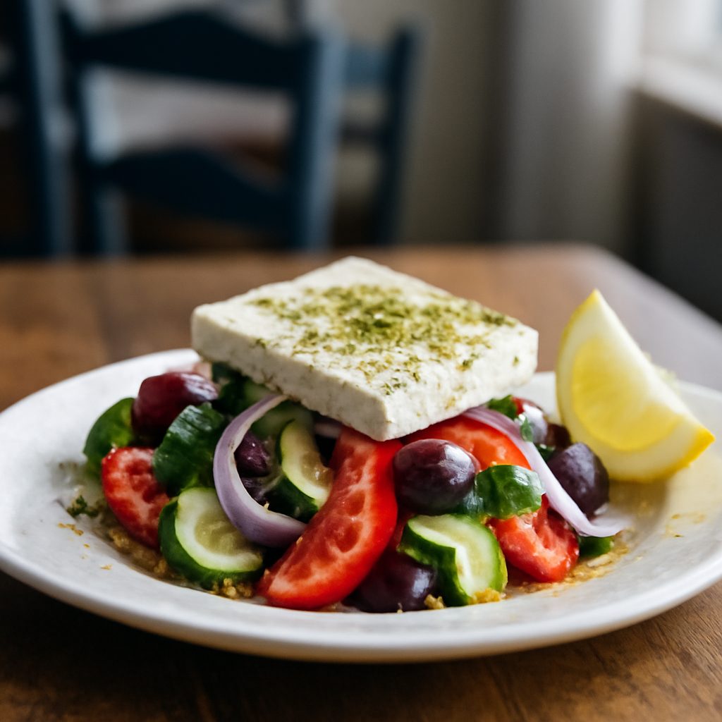 Insalata Greca di Cetriolo Sottaceto, Fico e Halloumi Low Carb