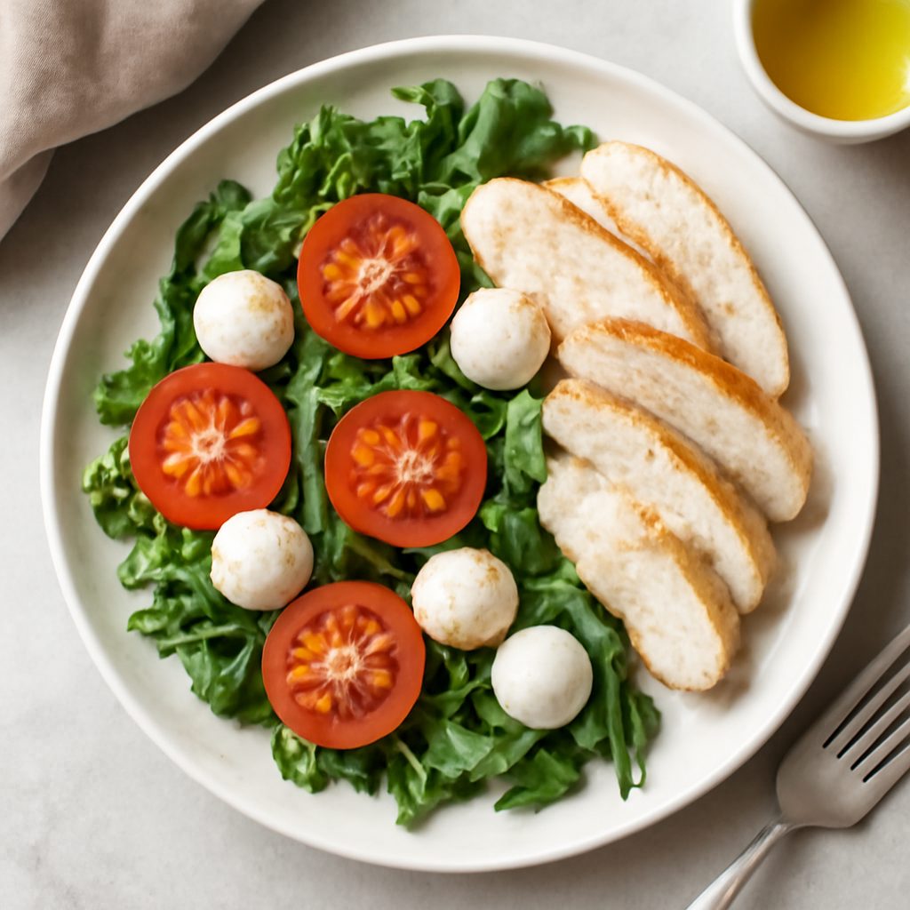 Insalata proteica di pomodorini e pesche con crema di ricotta e acciughe low-carb