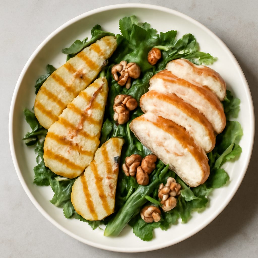 Insalata tiepida di pere proteica con condimento alla senape low-carb