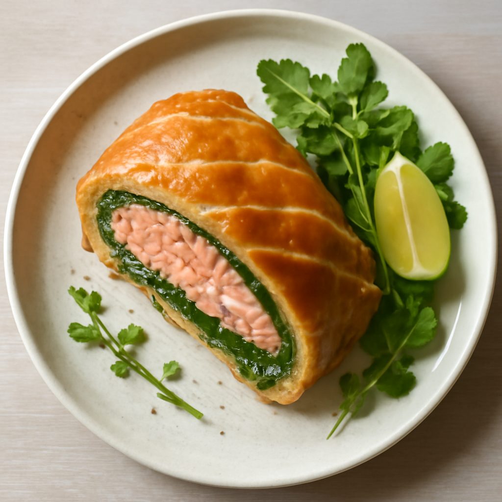 Koulibiac di salmone proteico low-carb al profumo di aneto