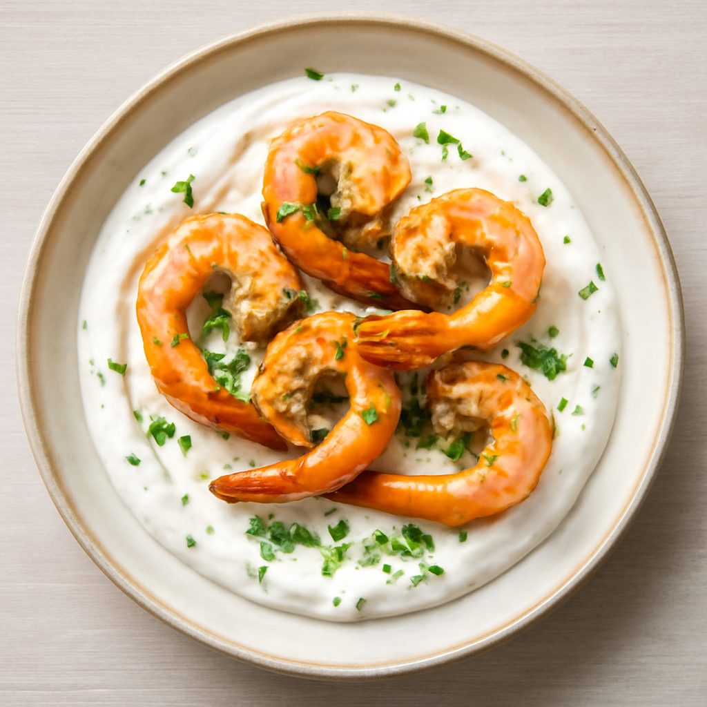 Mazzancolle su salsa yogurt greco e pomodorini confit
