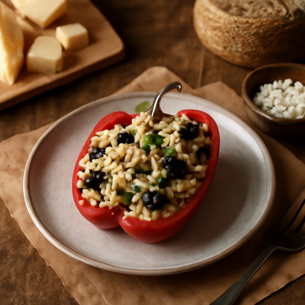 Insalata Mediterranea di Pollo e Orzo in Coppe di Peperone Rosso