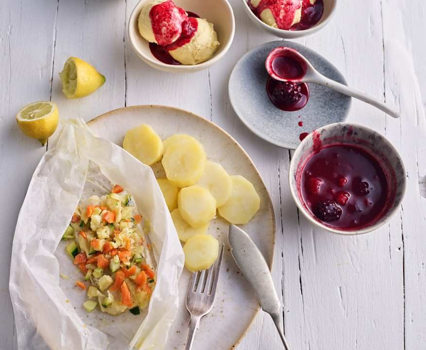 Menù: Rombo e verdure al cartoccio; salsa ai frutti rossi e gelato (Bimby Friend) Low Fat