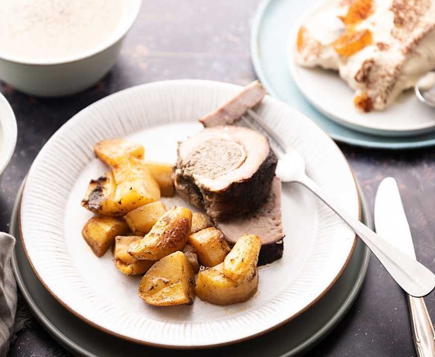 Menù: Zuppa di patate e funghi; vitello ripieno con patate al forno e verdure, tiramisù al mandarino Protein