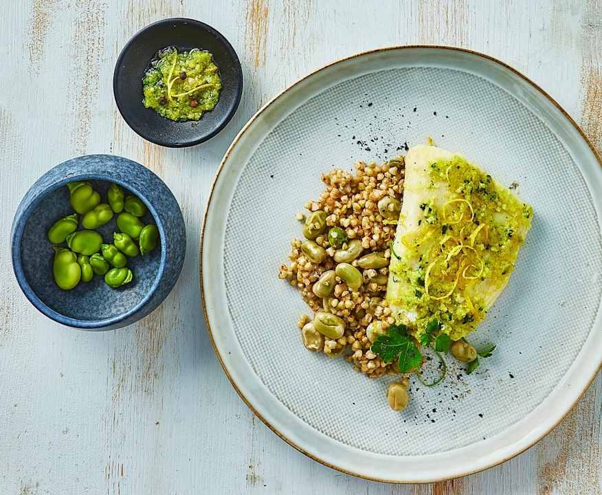 Merluzzo al cartoccio con fave e grano saraceno Low Fat