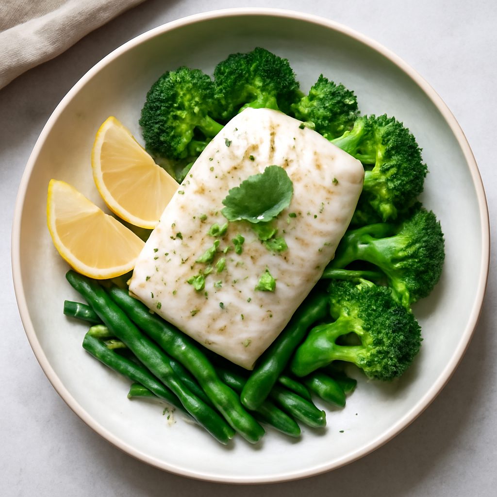 Merluzzo al vapore proteico con zucchine e spinaci low-carb