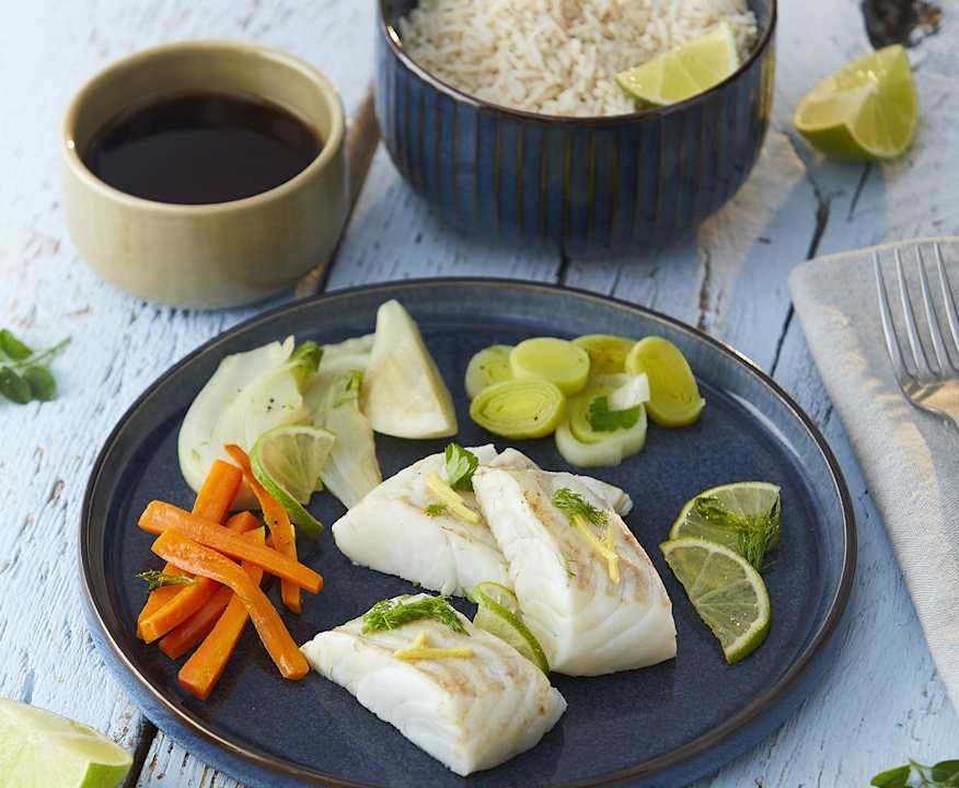 Merluzzo con salsa di soia e zenzero con riso e contorno di verdure autunnali Low Fat