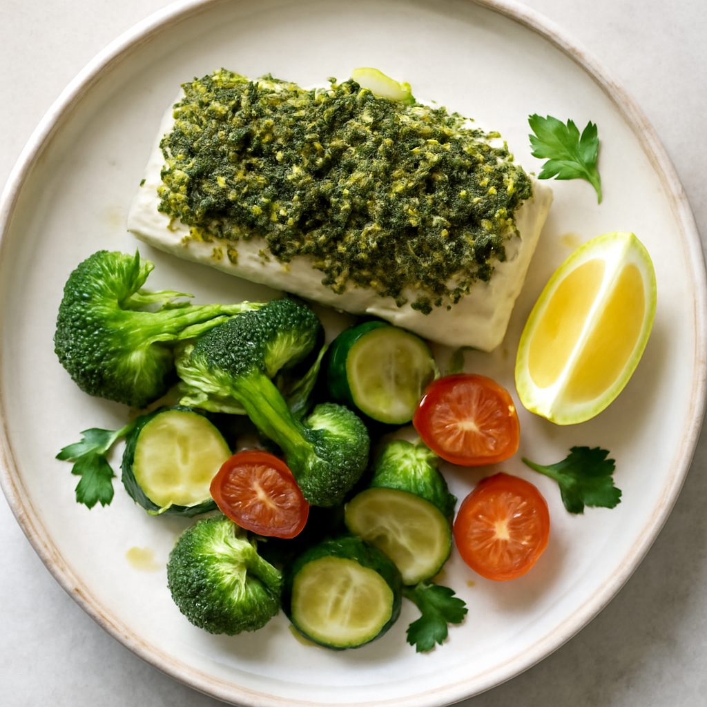 Merluzzo in crosta di erbe con zucchine e salsa al limone Protein