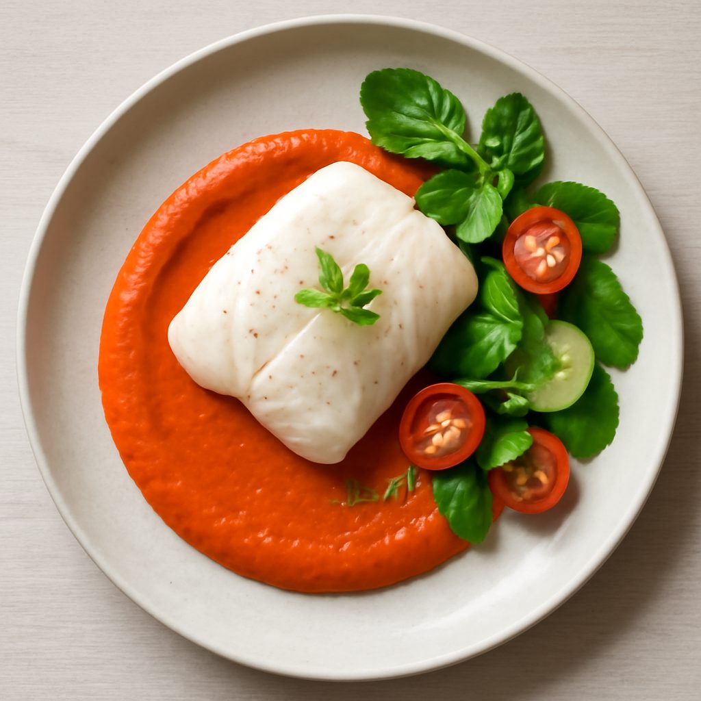 Merluzzo sottovuoto con crema di peperoni proteico low-carb