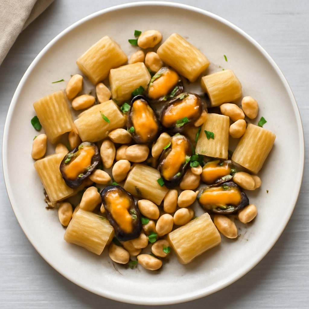 Mezze maniche proteiche con fagioli e cozze low-carb