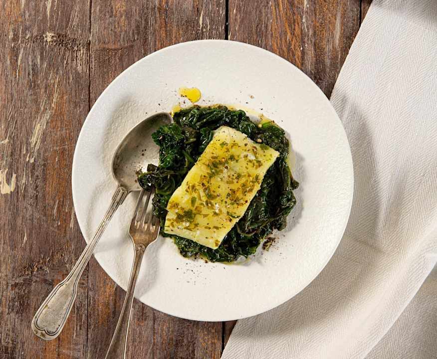 Nasello al vapore con crema di zucca e spinaci