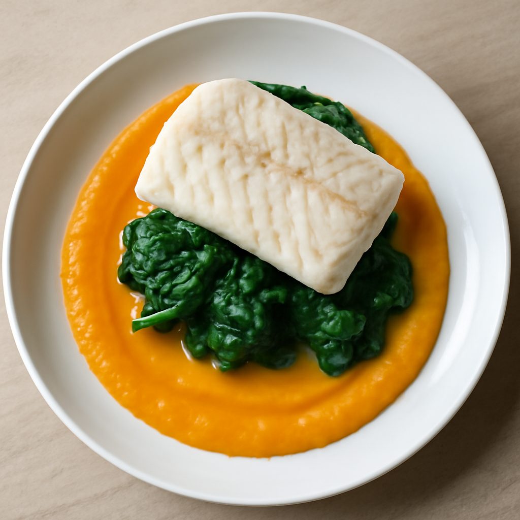 Nasello al vapore con crema di zucca e spinaci - Versione