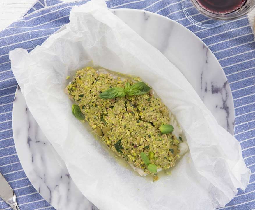 Nasello con pesto di olive e pistacchi Protein