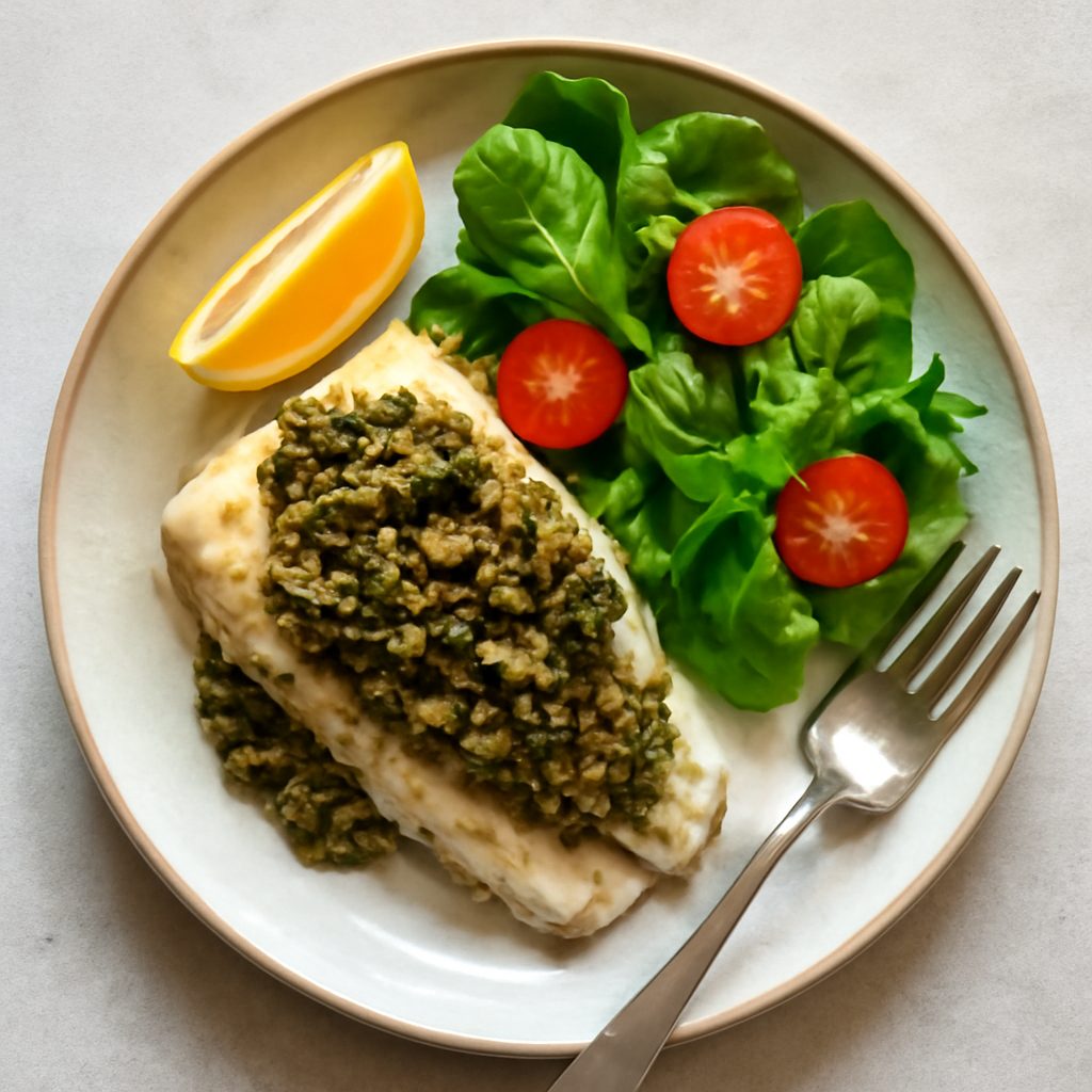 Nasello con pesto di olive e pistacchi - Versione