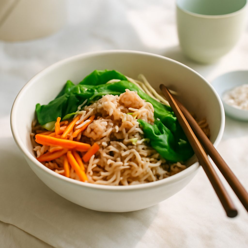 Noodle bowl asiatico light con frittata, verdure crude e arachidi