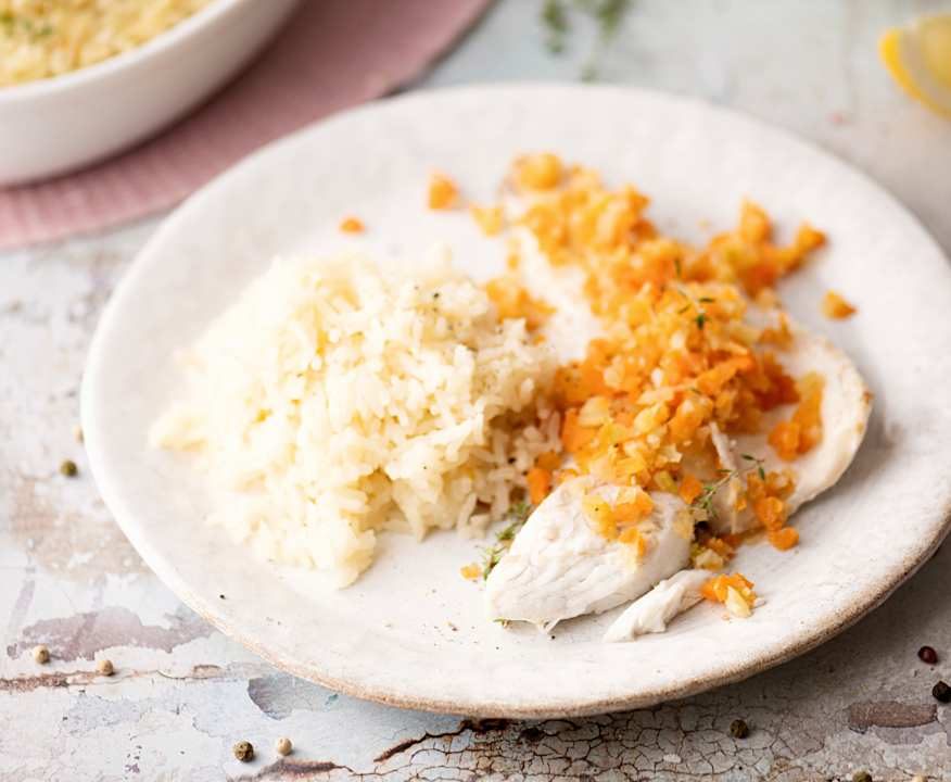 Ombrina al vapore, verdure e riso pilaf