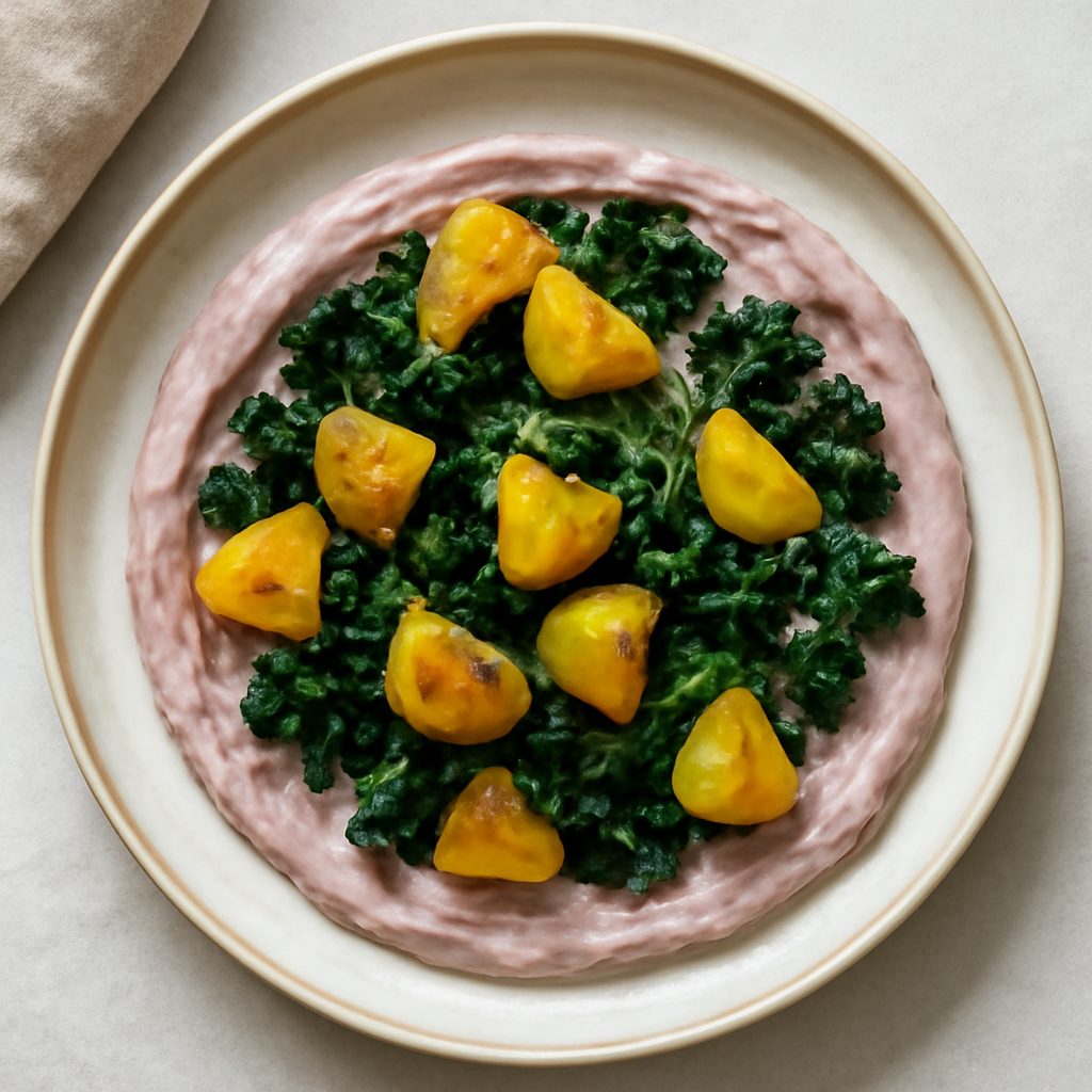 Patate alla curcuma e cavolo nero su crema di rapa proteica low-carb
