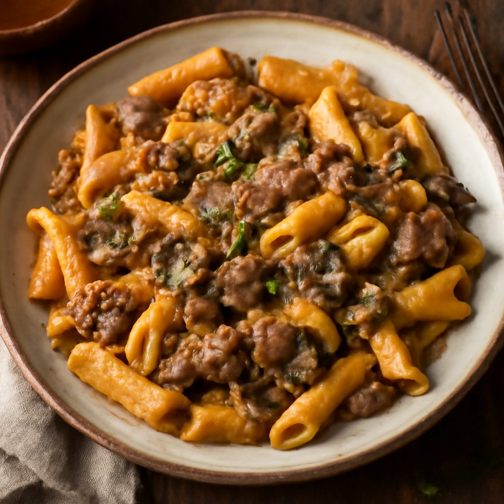 Penne con salsiccia italiana, funghi e salsa di zucca