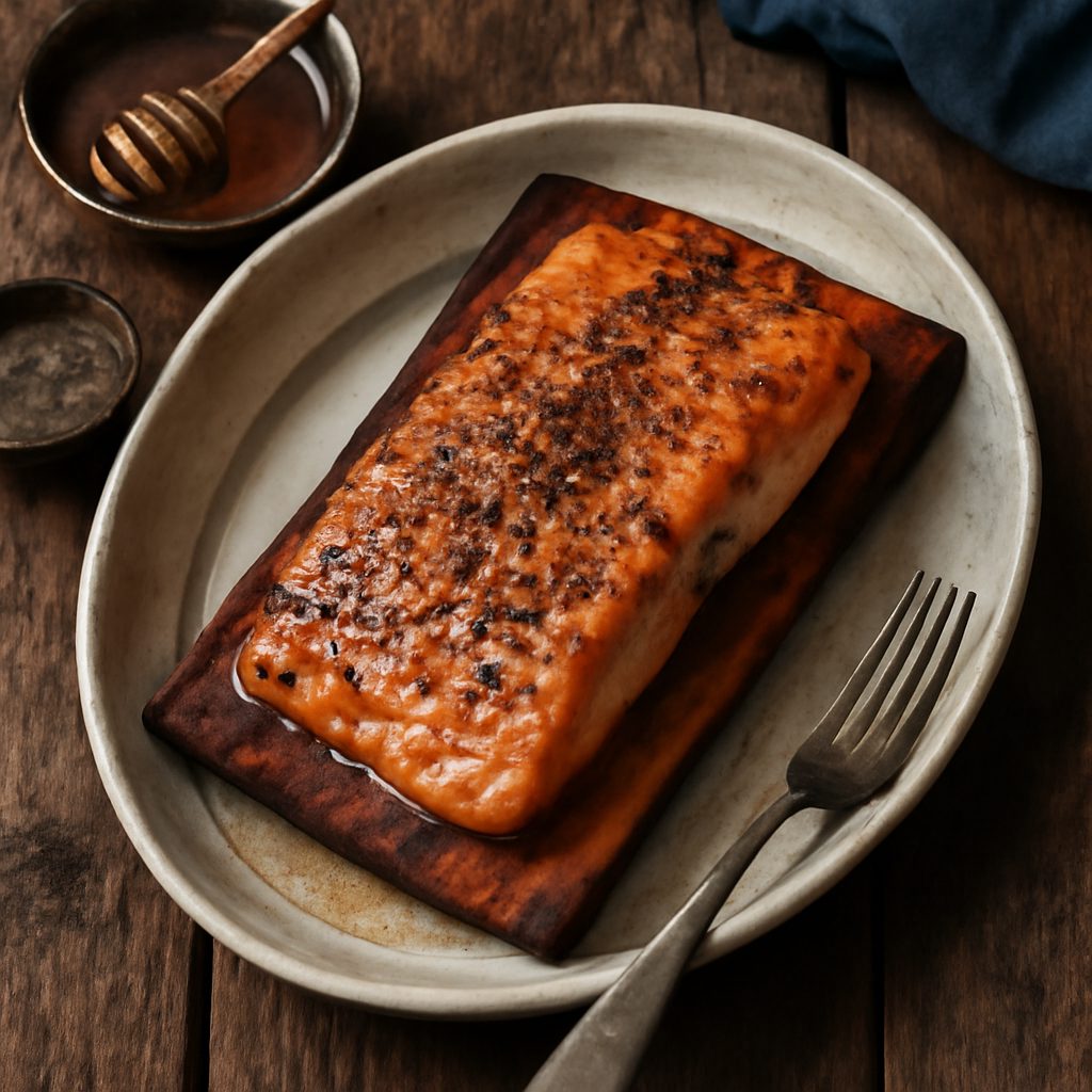 Salmone al Pepe e Miele su Tavola di Cedro
