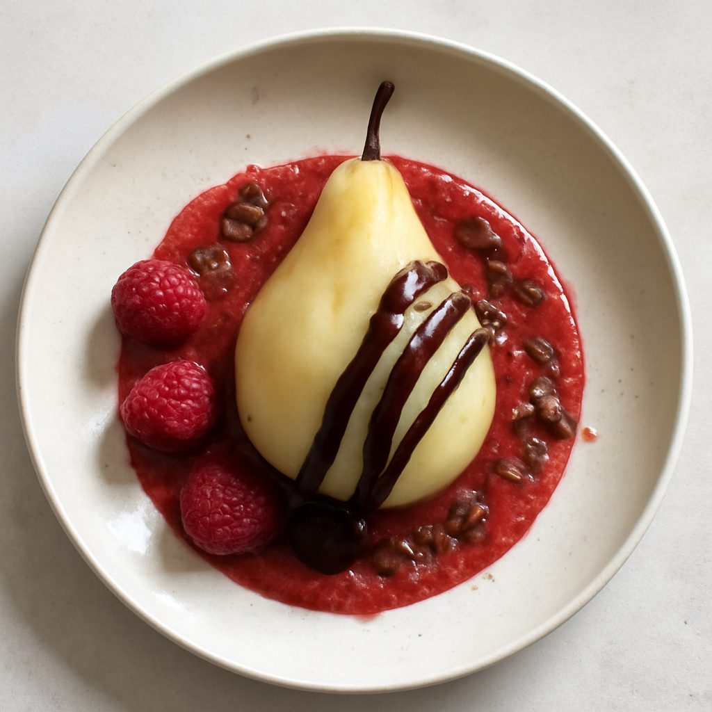 Pera al vapore con salsa di lamponi e cioccolato fondente
