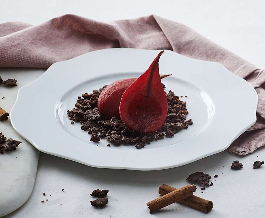Pere al vino rosso con crumble al cacao Low Fat