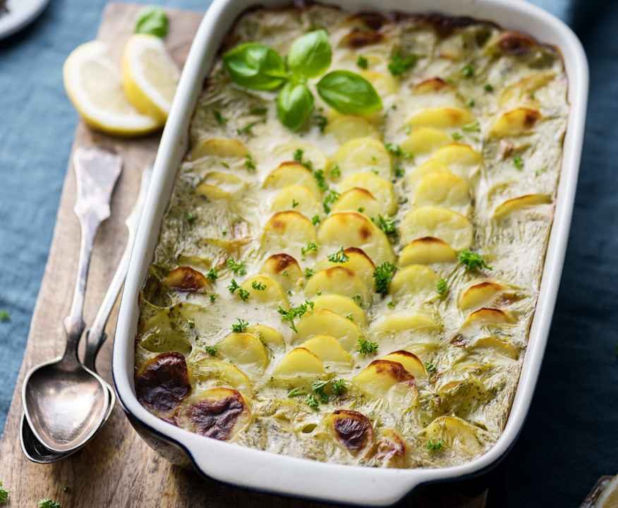 Pie di pesce con besciamella verde e patate Low Fat