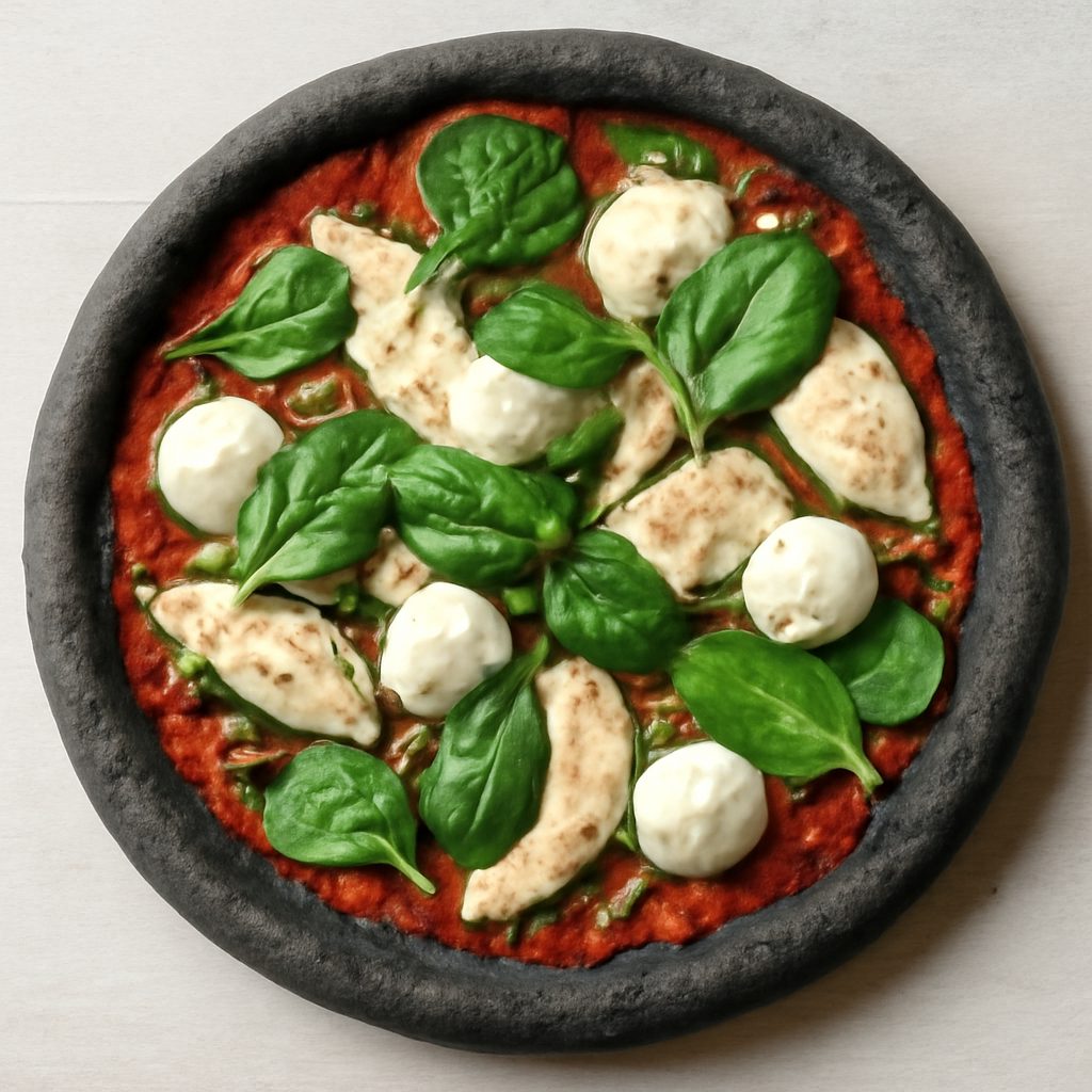 Pizza nera proteica low-carb con crema di zucchine, gamberi e yogurt greco