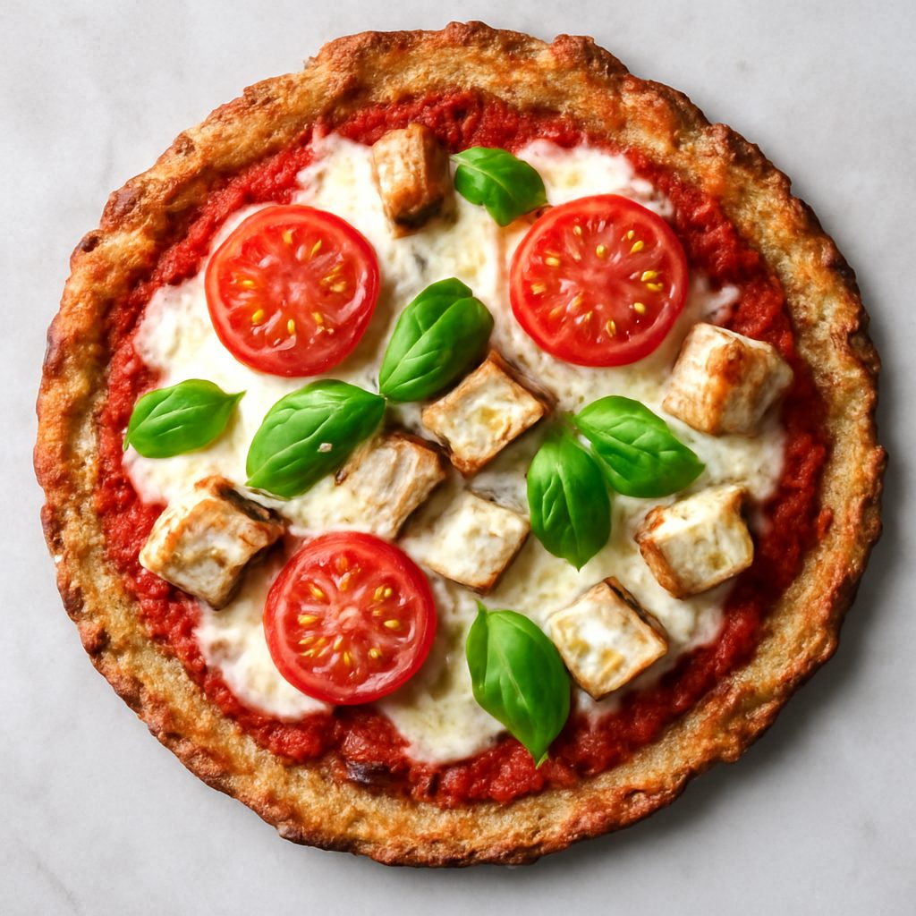 Pizza proteica low-carb con pesto di pistacchio, stracciatella e mortadella