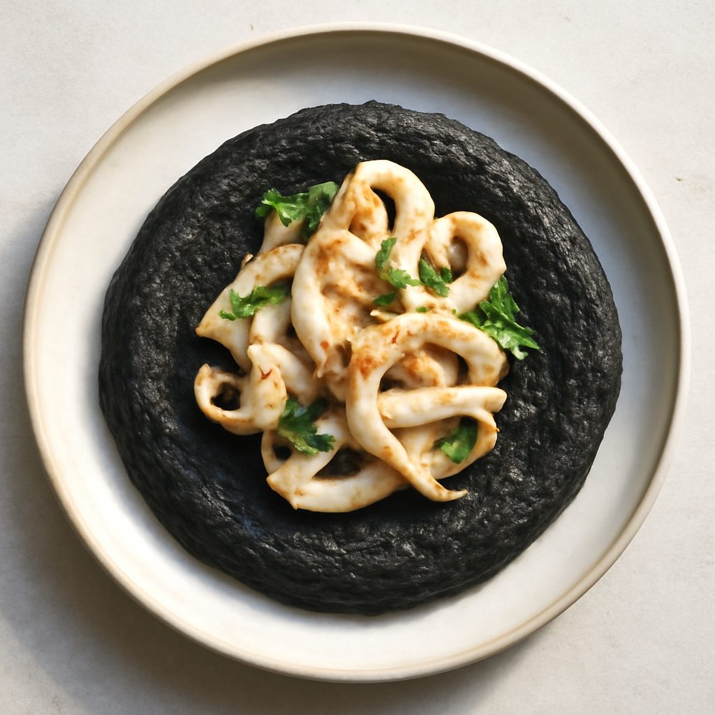 Polenta al nero di seppia fit con ragù di calamari proteico