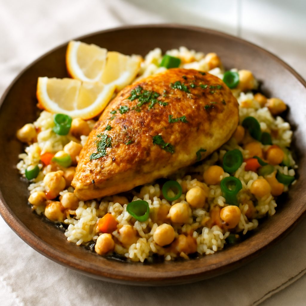 Pollo marocchino light con ceci e mandorle