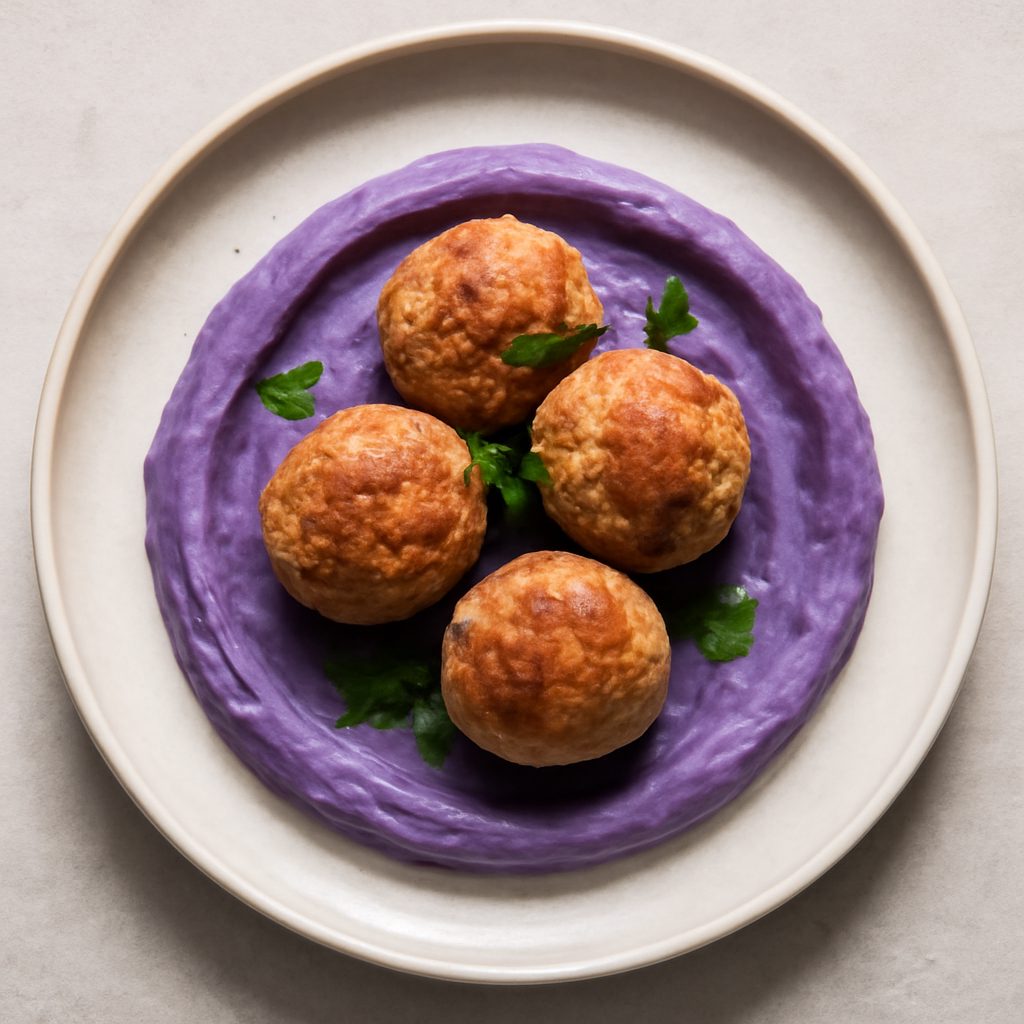 Polpette al cotechino proteiche su crema di patate viola low-carb