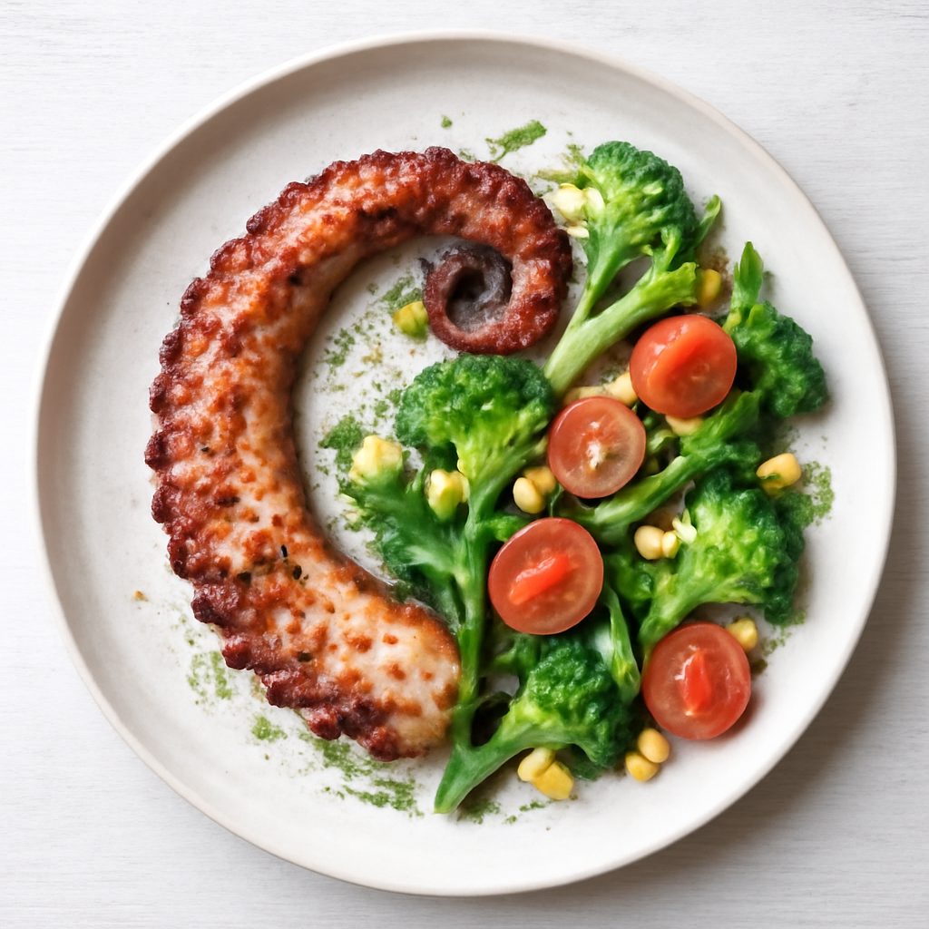 Polpo arrosto con avocado, anguria e aceto di lamponi