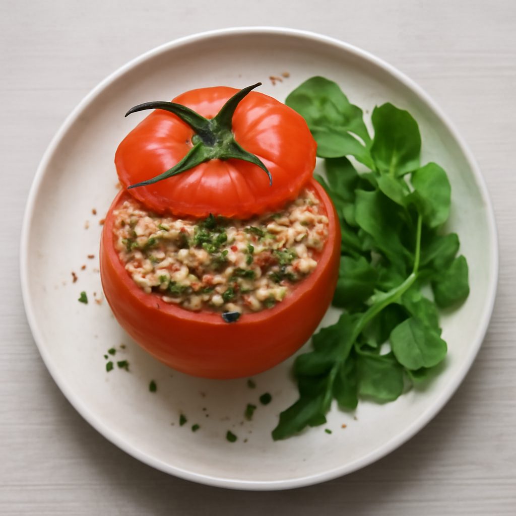 Pomodoro ripieno con formaggio di capra e pancetta