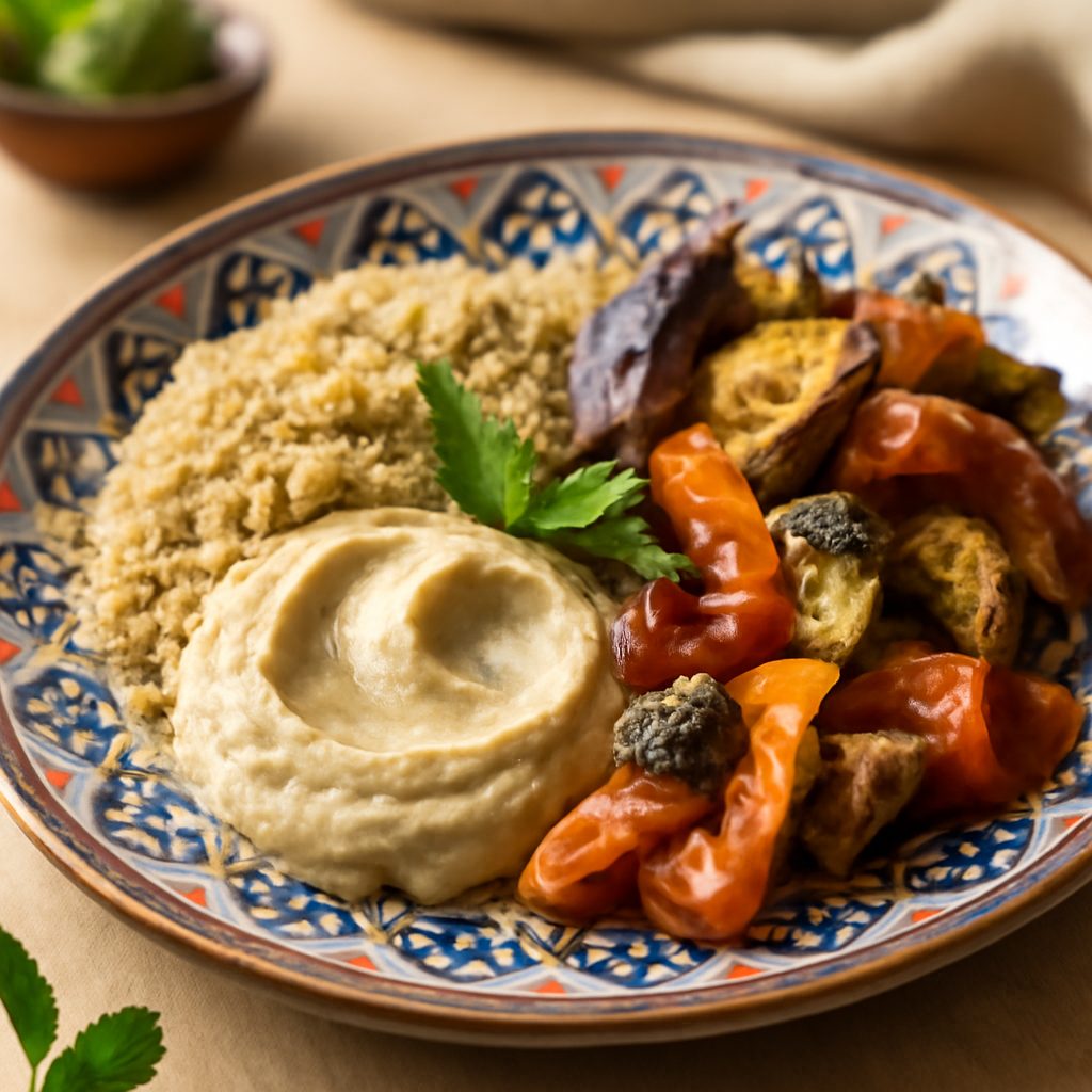 Quinoa orientale con hummus e verdure al forno light