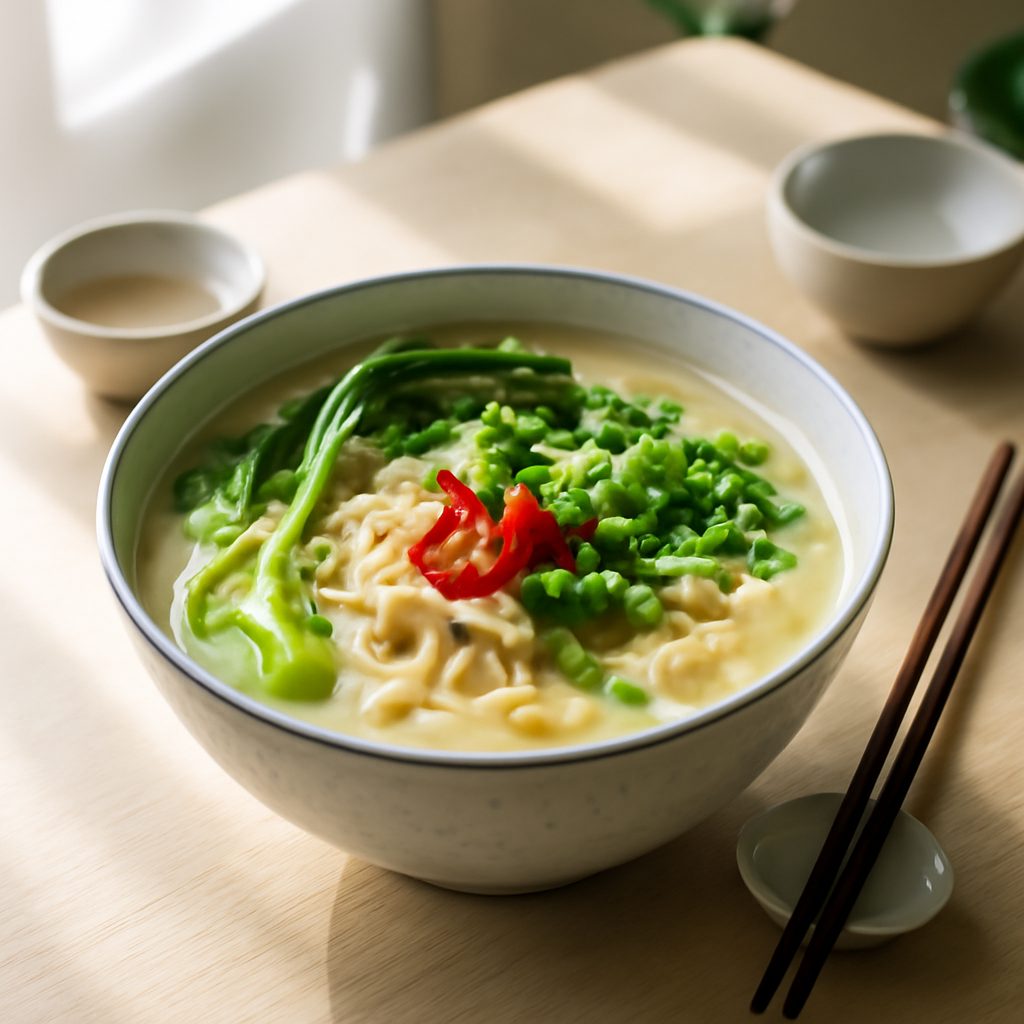 Ramen asiatico al latte di cocco light con petto di pollo croccante