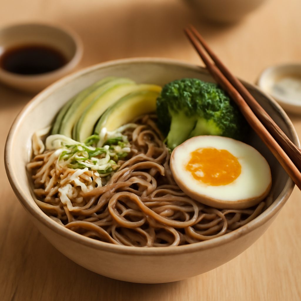 Ramen di soba light con salmone e broccoli