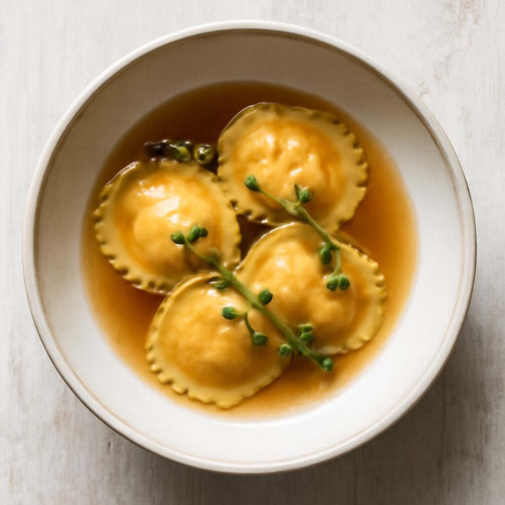 Ravioli di zucca e timo in brodo di agnello - Versione Protein